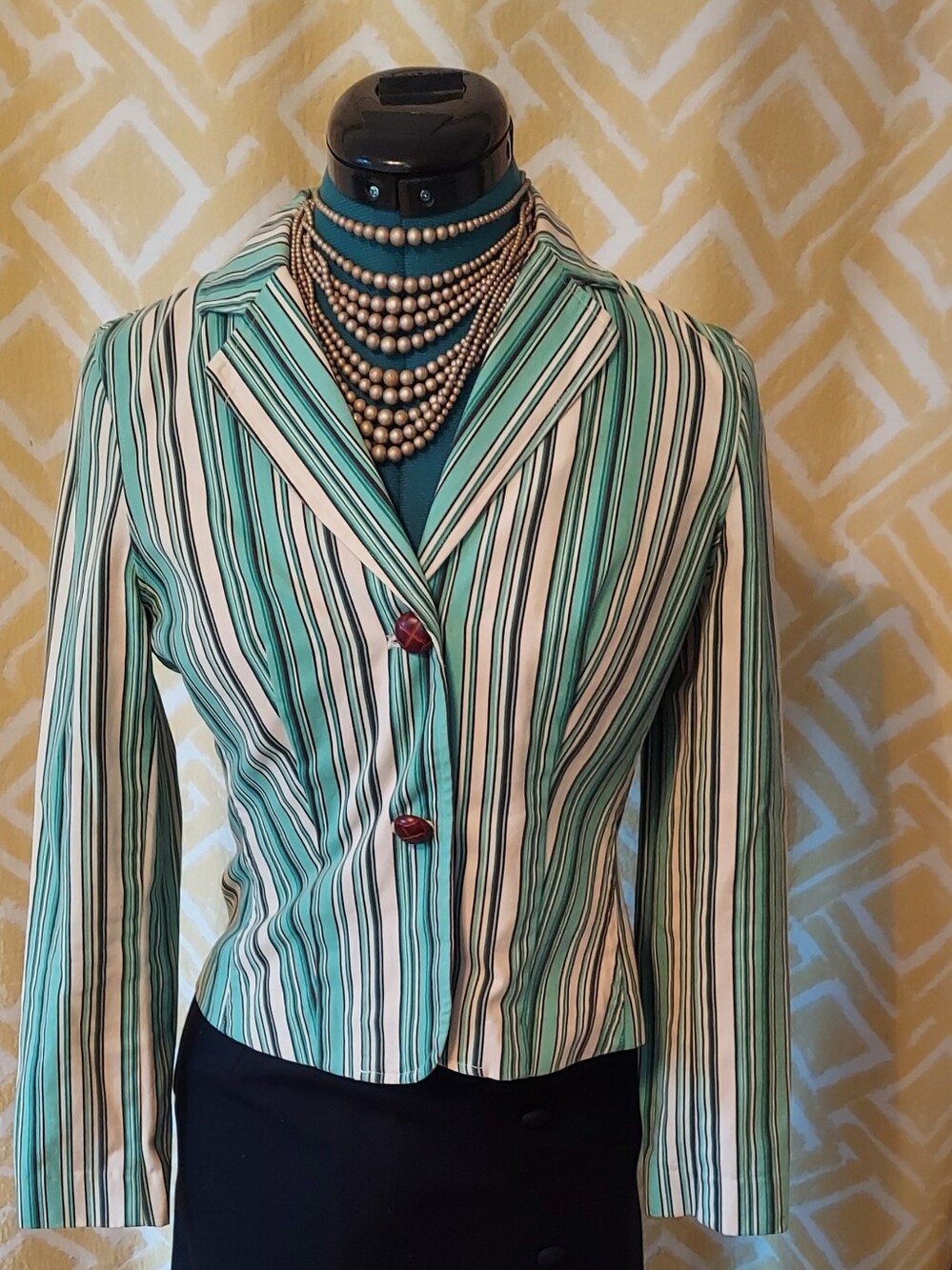 Y2K Casual Corner Petite Cotton Turquoise Striped Short Fitted Blazer